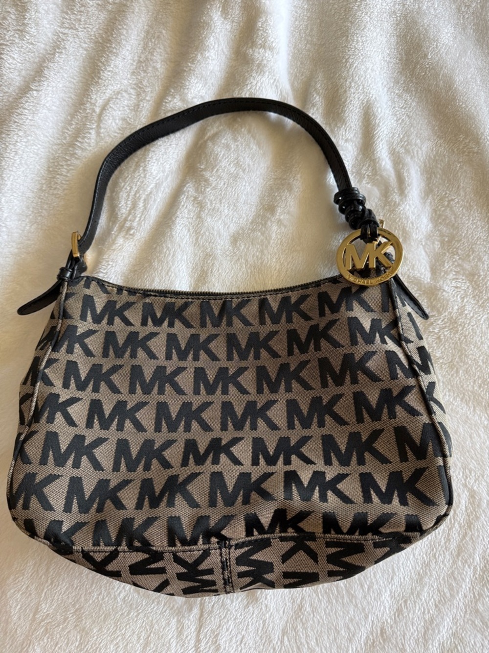 Michael Kors Tan and Black MK Logo Shoulder Bag with Gold Accent